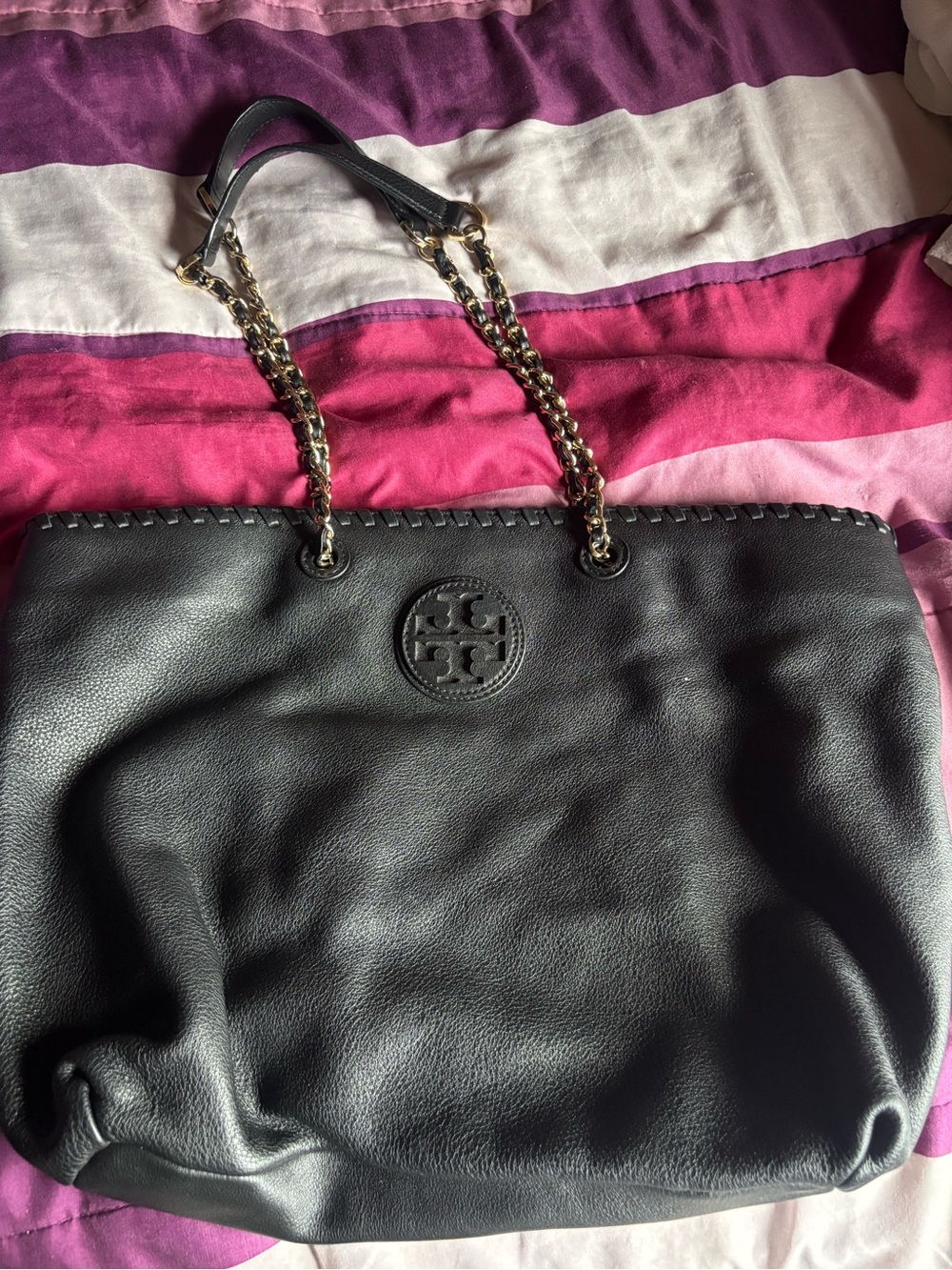Tory Burch Black Leather Chain-Handle Tote with Gold Hardware